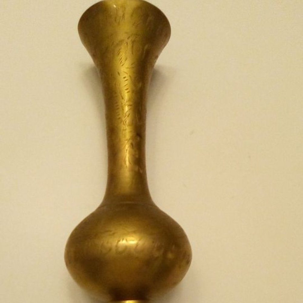Vintage Solid Brass Indian Made Antique etched pedestal Flower Vase 10" tall